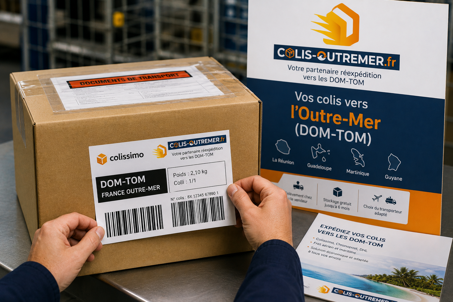 L'entrepôt Colis Outremer : rayonnages remplis de colis et transpalettes